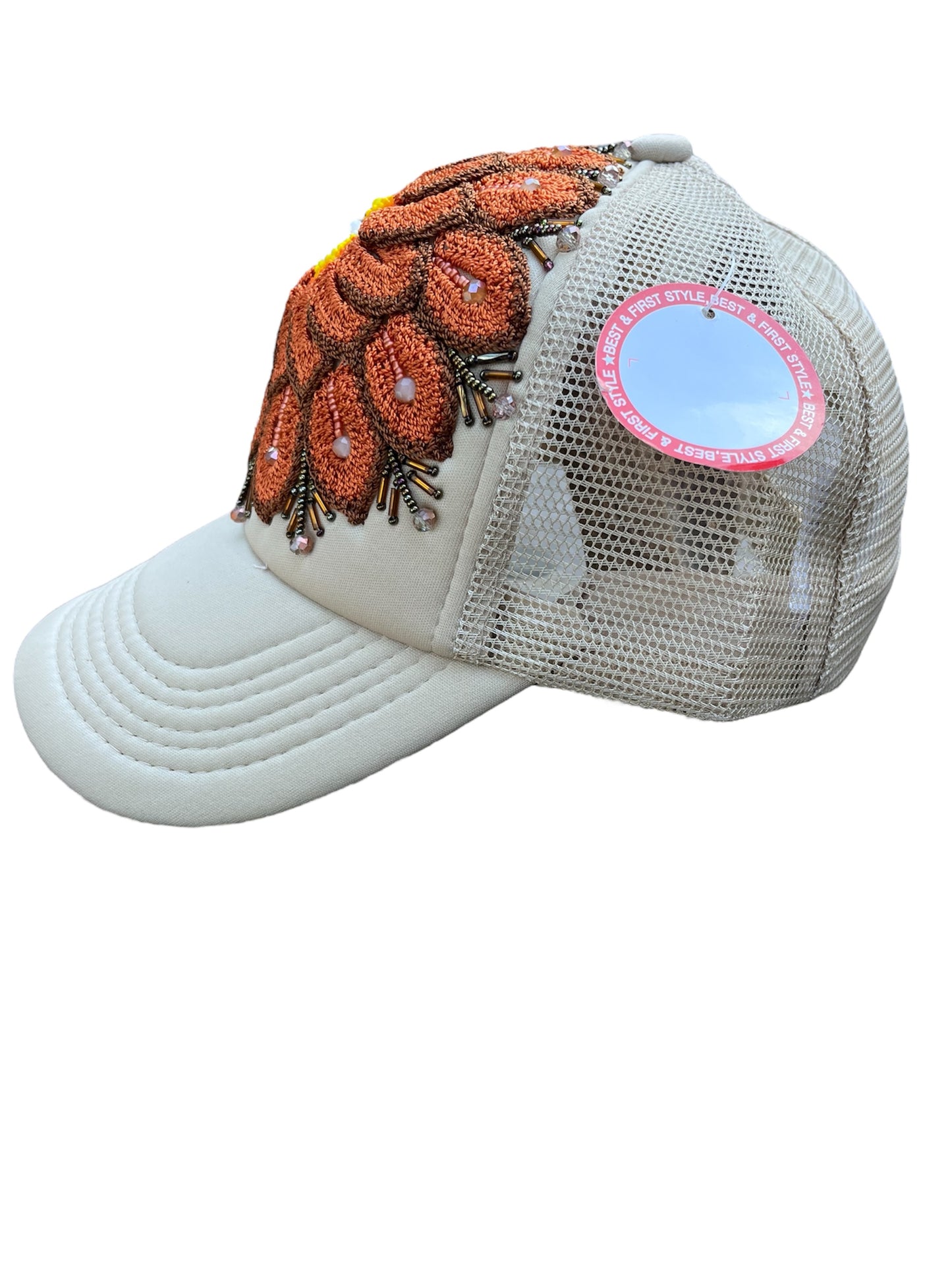 Embroidered Brown Flower Cap
