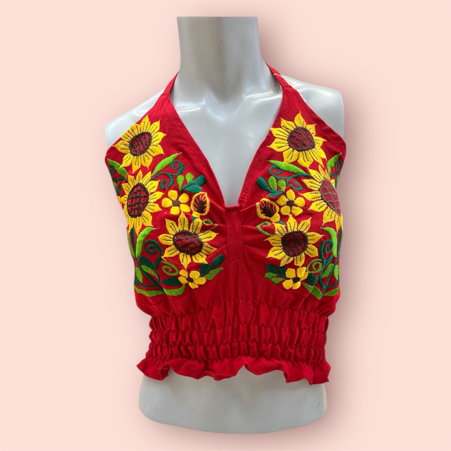 Handmade Embroidered Sunflower Crop Top-Red