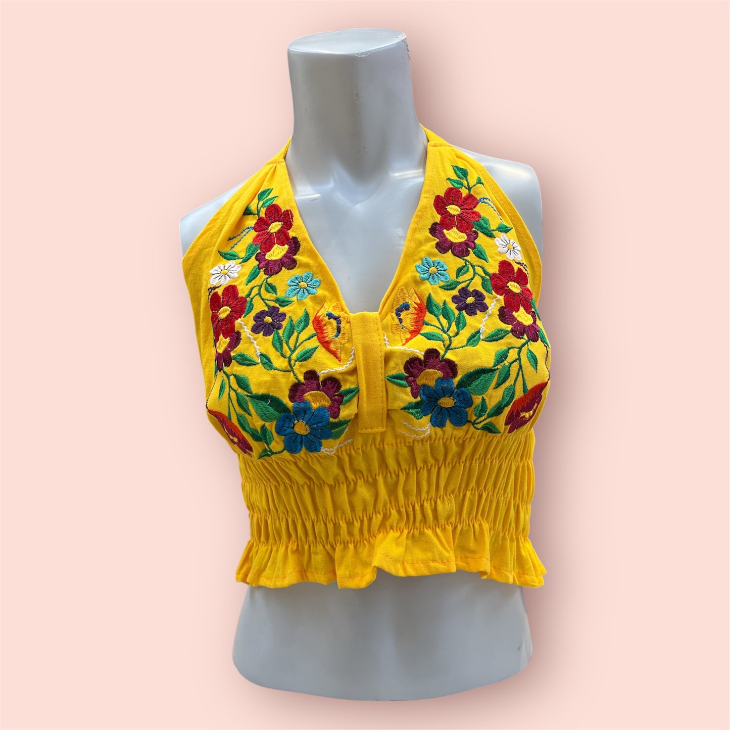 Handmade Embroidered flower Crop Top-Yellow