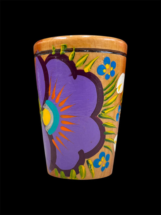 Mexican Hand-Painted Wooden Shot Glass – 3” Cup (Floral Design)