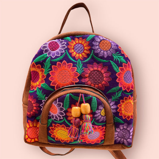 Handmade Embroidered Backpack-Purple Floral Design