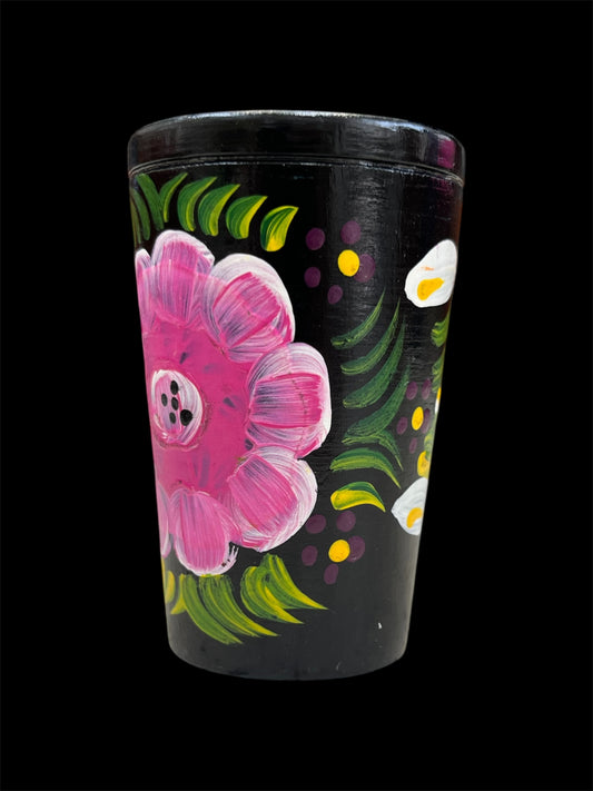 Mexican Hand-Painted Wooden Shot Glass – 3” Cup (Floral Design)