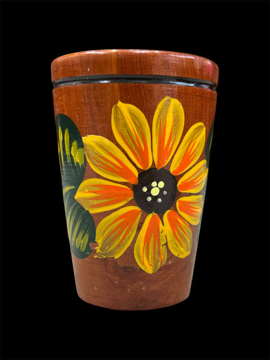 Mexican Hand-Painted Wooden Shot Glass – 3” Cup (Floral Design)