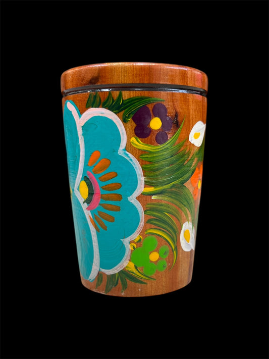 Mexican Hand-Painted Wooden Shot Glass – 3” Cup (Floral Design)