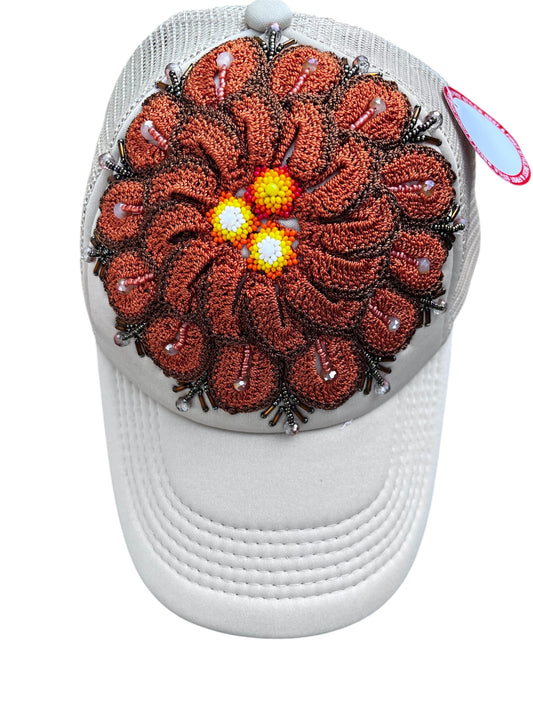 Embroidered Brown Flower Cap