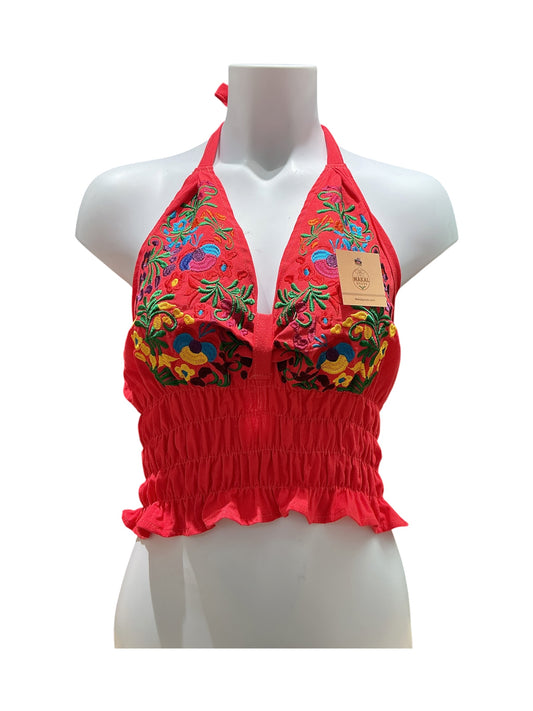 Red Floral Mexican Embroidered Summer Top