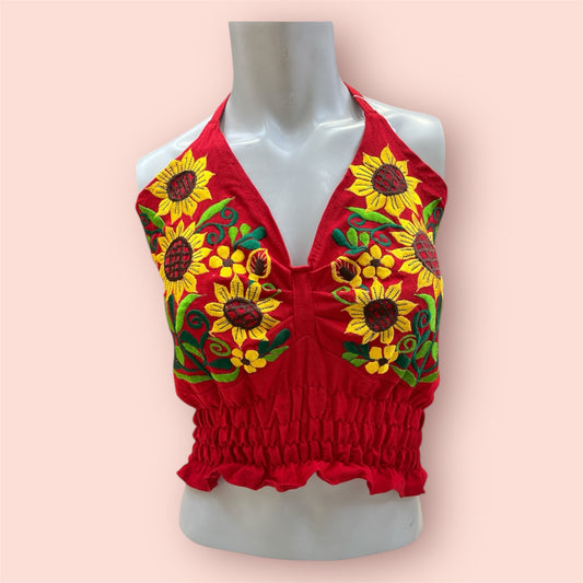 Handmade Embroidered Sunflower Crop Top-Red