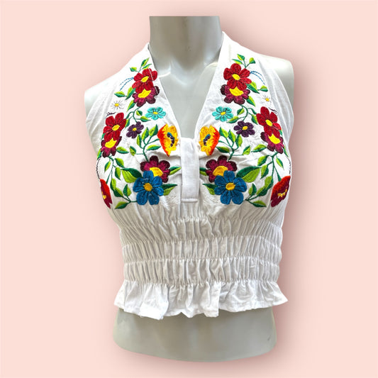 Handmade Embroidered flower Crop Top – White