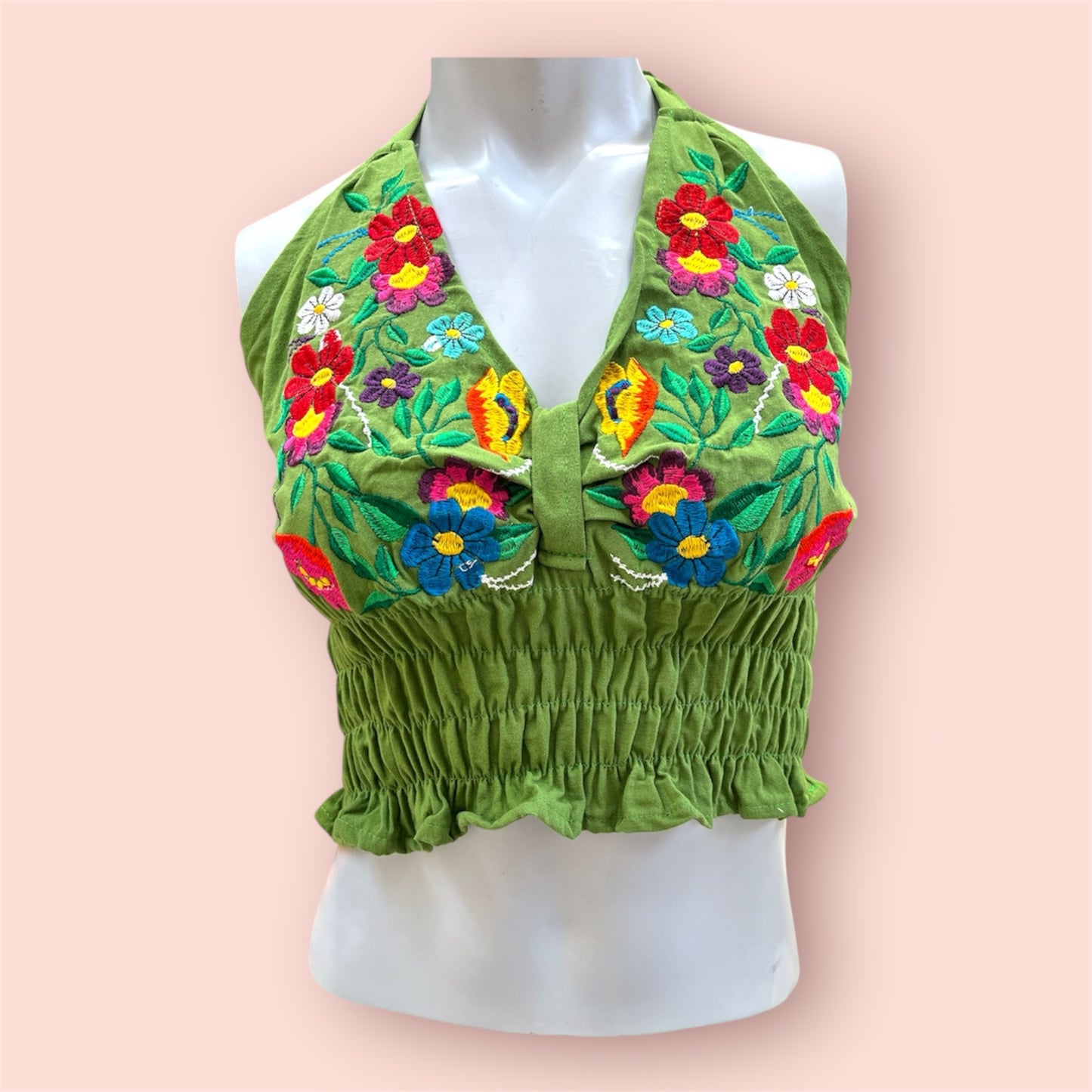 Handmade Embroidered flower Crop Top-Green