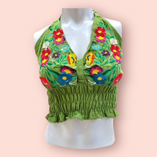 Handmade Embroidered flower Crop Top-Green