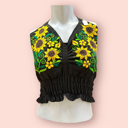 Handmade Embroidered Sunflower Crop Top-Black
