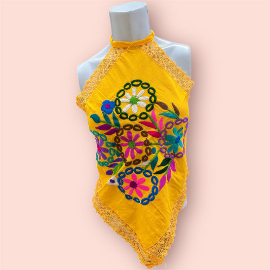 Handmade Yellow Halter Top with Multicolor Floral Embroidery