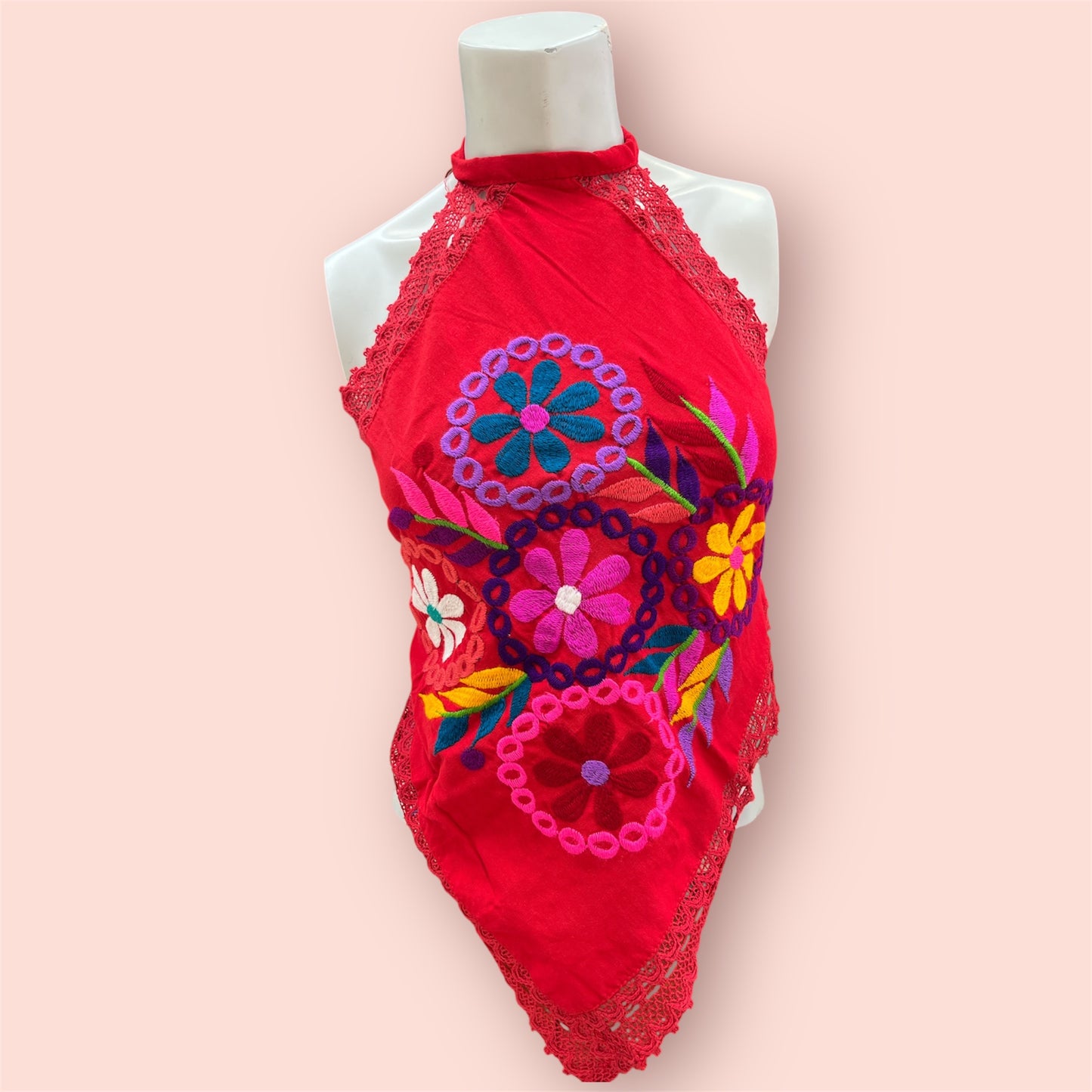 Handmade red Halter Top with Multicolor Floral Embroidery