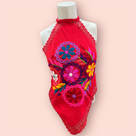 Handmade red Halter Top with Multicolor Floral Embroidery
