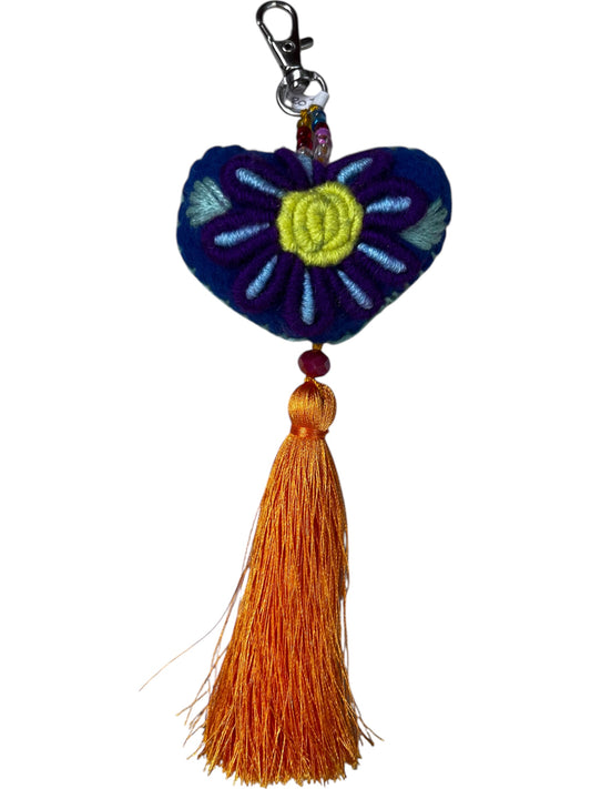 Embroidered Heart Keychain with Tassel – Handmade Charm